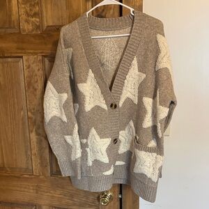 Cozy Taupe Star V-Neck Cardigan Sweater